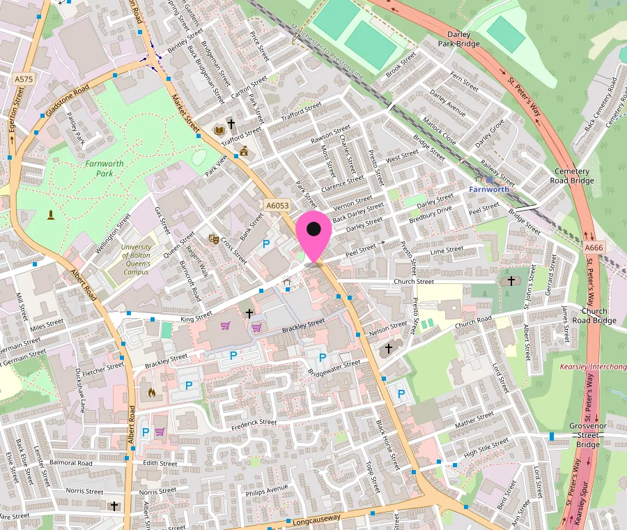 Map of central Farnworth, Bolton, with a pin on F2 Recruitment's office at Office 6, 1A King Street, on Market Street