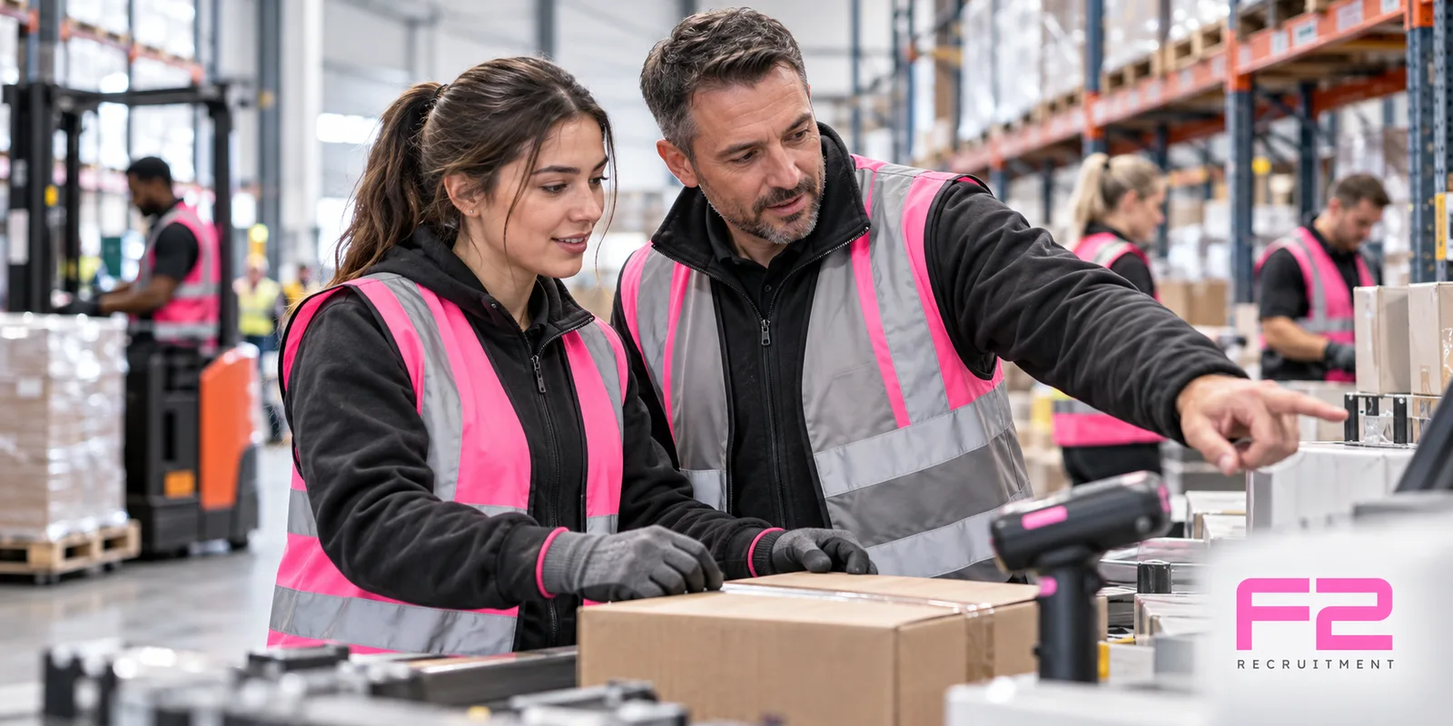 Warehouse colleagues reviewing work on the floor