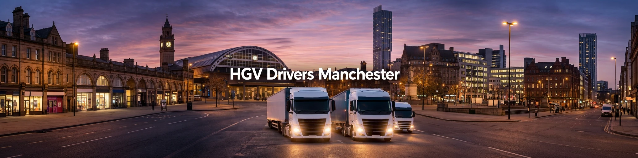 HGV Drivers Manchester: three white lorries on a Manchester city centre street at dusk, with the city skyline behind