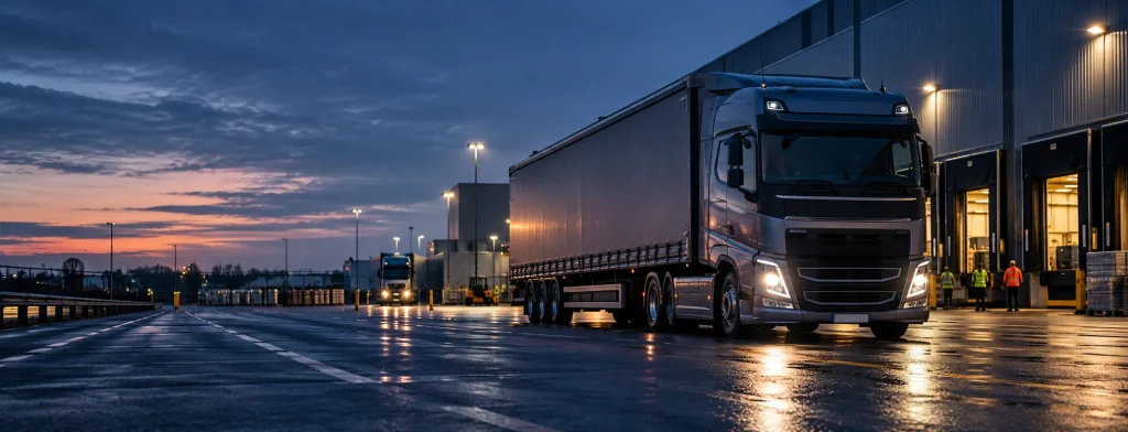 An articulated lorry parked at a depot loading bay at dusk